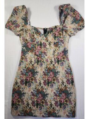 Urbanic Floral Tapestry Mini Dress Puff Sleeve Sweetheart Neck Cottagecore Small